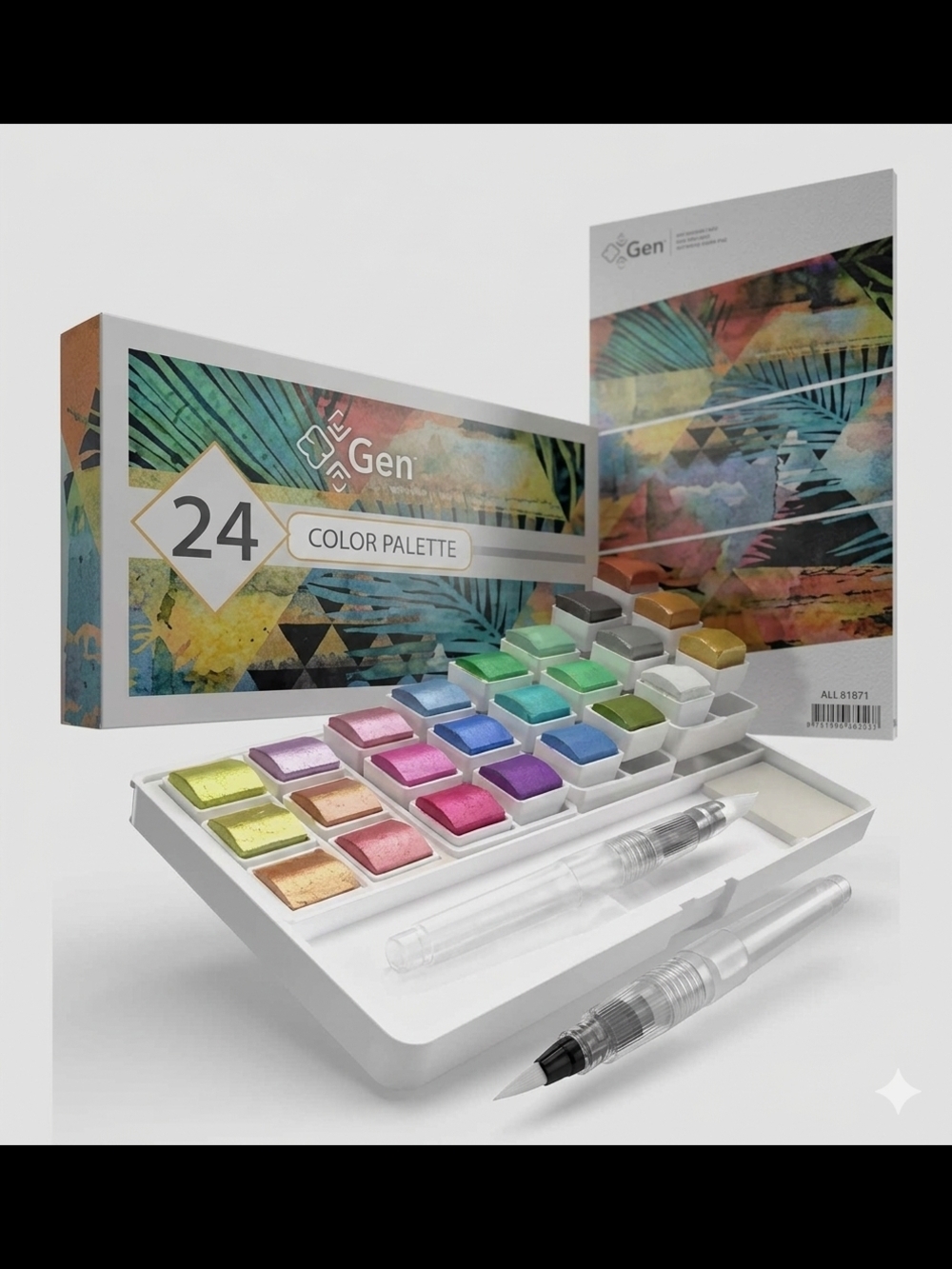 GenCrafts 24 Color Palette Metallic Watercolor 2 Brushes & Watercolor Paper Pad